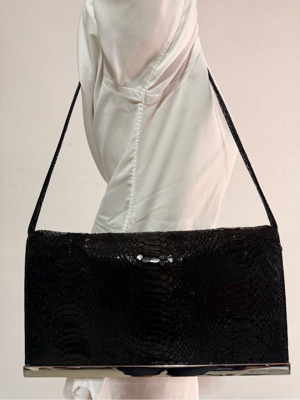 Michael Kors Black Embossed Snakeskin Clutch with Metallic Trim - Picture 2 of 11